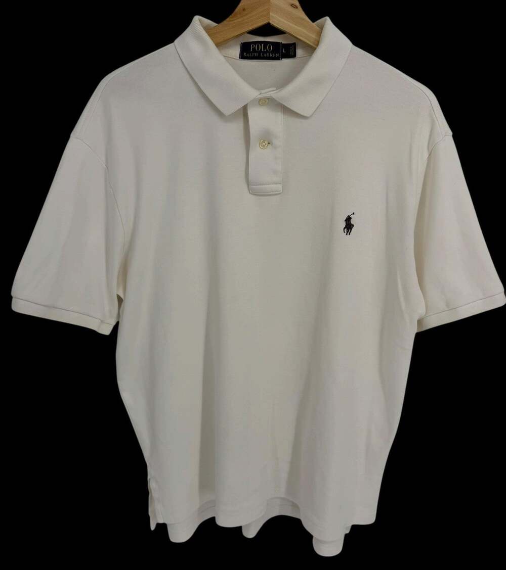 Polo Ralph Lauren Mens L Large White Ivory Short Sleeve Cotton Logo Shirt Collar